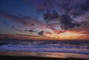 Sunset beach, cloudy, red sky